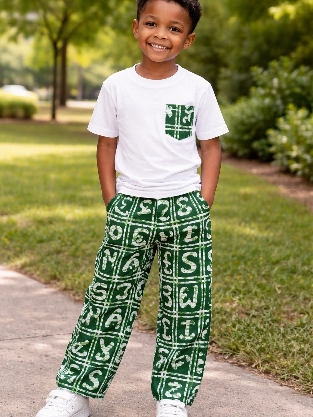 Two-piece Unisex Kids Green Letter-African Print